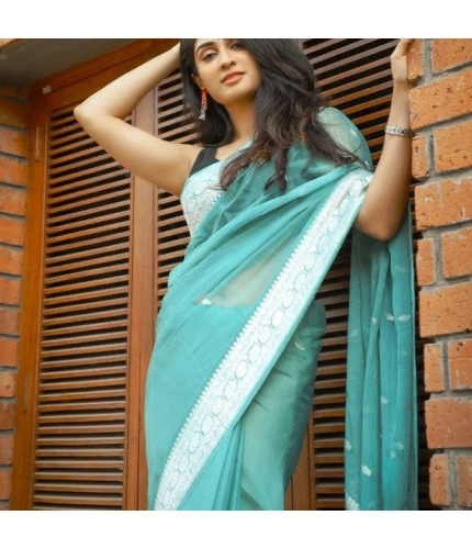 Generic Women's Soft Lichi Silk Printed Saree With Unstitched Blouse 5.5Mtr (Sky-Blue)