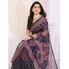 Generic Women's Linen Cotton  Printed Saree With Unstitched Blouse 5.5Mtr (Black)