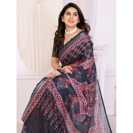 Generic Women's Linen Cotton Printed Saree With Unstitched Blouse 5.5Mtr (Black) Generic Women's Linen Cotton Printed Saree With Unstitched Blouse 5.5Mtr (Black)