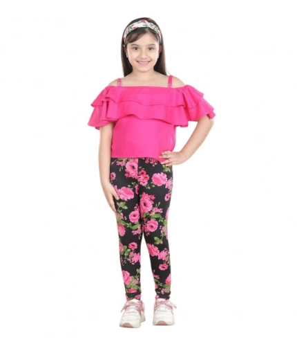 Generic Girl's Cotton Floral Elasticated Jegging and Top Set (Black-Pink) Generic Girl's Cotton Floral Elasticated Jegging and Top Set (Black-Pink)