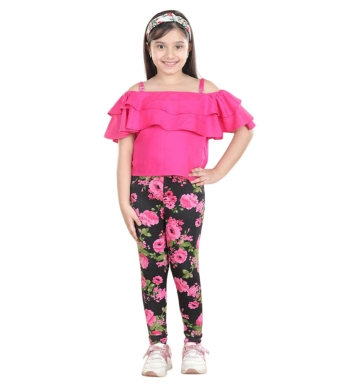 Generic Girl's Cotton Floral Elasticated Jegging and Top Set (Black-Pink) Generic Girl's Cotton Floral Elasticated Jegging and Top Set (Black-Pink)