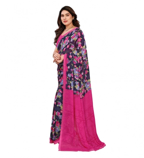 Generic Women's Georgette Printed Saree With Unstitched Blouse 5.5Mtr (Blue)