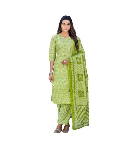 Generic Women's Cotton Blend Printed Kurti With Pant Dupatta Set (Parrot)