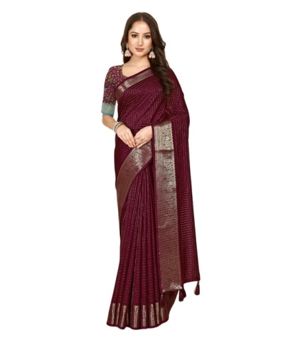 Generic Women's Cotton Blend Checkered Saree With Unstitched Blouse 5.5Mtr (Maroon)