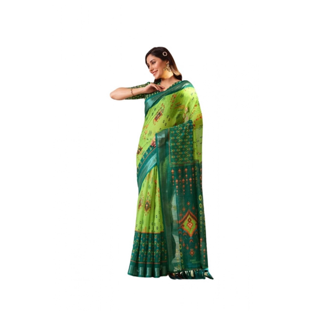 Generic Women's Faux_Linen Printed Saree With Unstitched Blouse 5.5Mtr (Green)