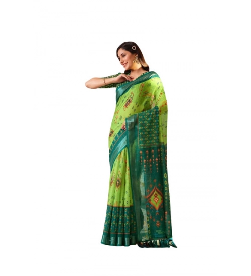 Generic Women's Faux_Linen Printed Saree With Unstitched Blouse 5.5Mtr (Green)