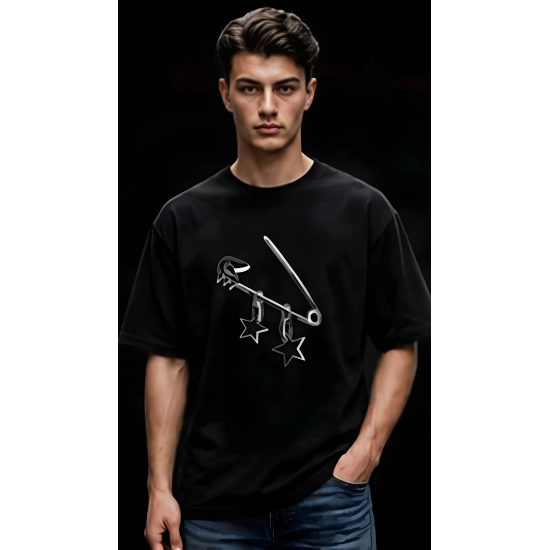 Generic Men's Cotton Blend Printed Oversized Round Neck Half Sleeve T-Shirt (Black)