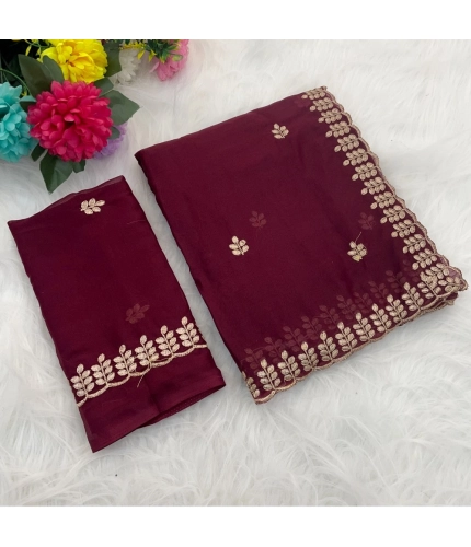 Generic Women's Georgette Embroidered Saree With Unstitched Blouse 5.5Mtr (Red)