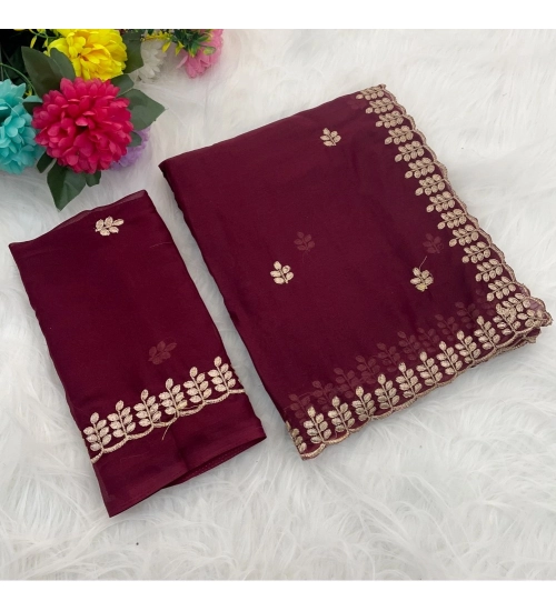 Generic Women's Georgette Embroidered Saree With Unstitched Blouse 5.5Mtr (Red)