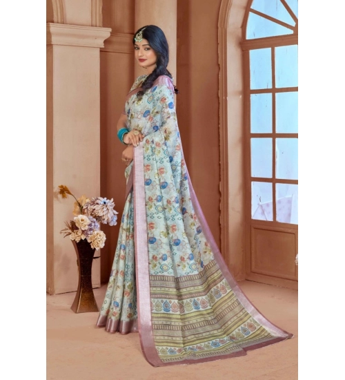 Generic Women's Printed Cotton Linen Saree withPrinted  Saree With Unstitched Blouse (Rust  , 5-6Mtrs)