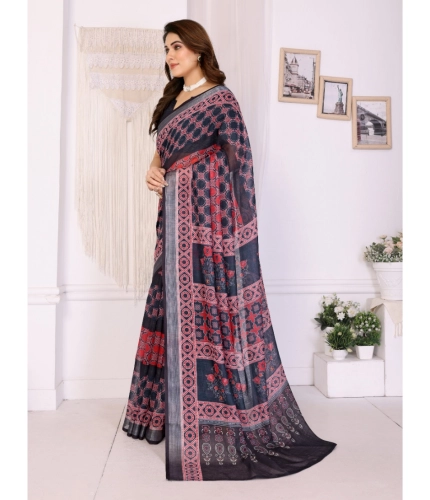 Generic Women's Linen Cotton  Printed Saree With Unstitched Blouse 5.5Mtr (Black)