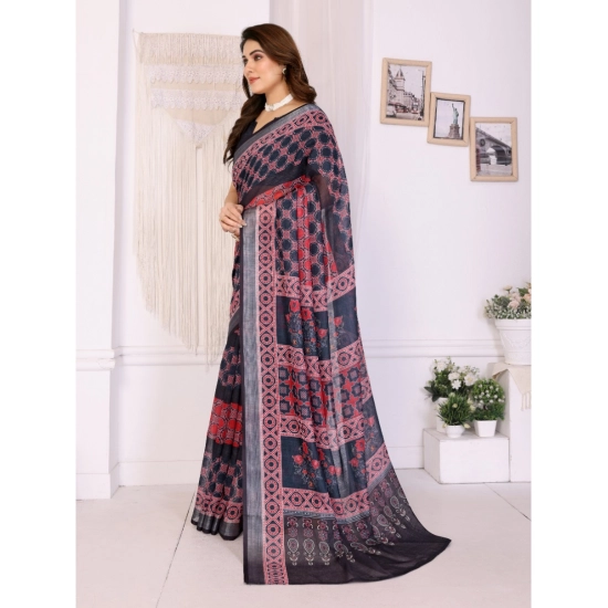 Generic Women's Linen Cotton Printed Saree With Unstitched Blouse 5.5Mtr (Black) Generic Women's Linen Cotton Printed Saree With Unstitched Blouse 5.5Mtr (Black)