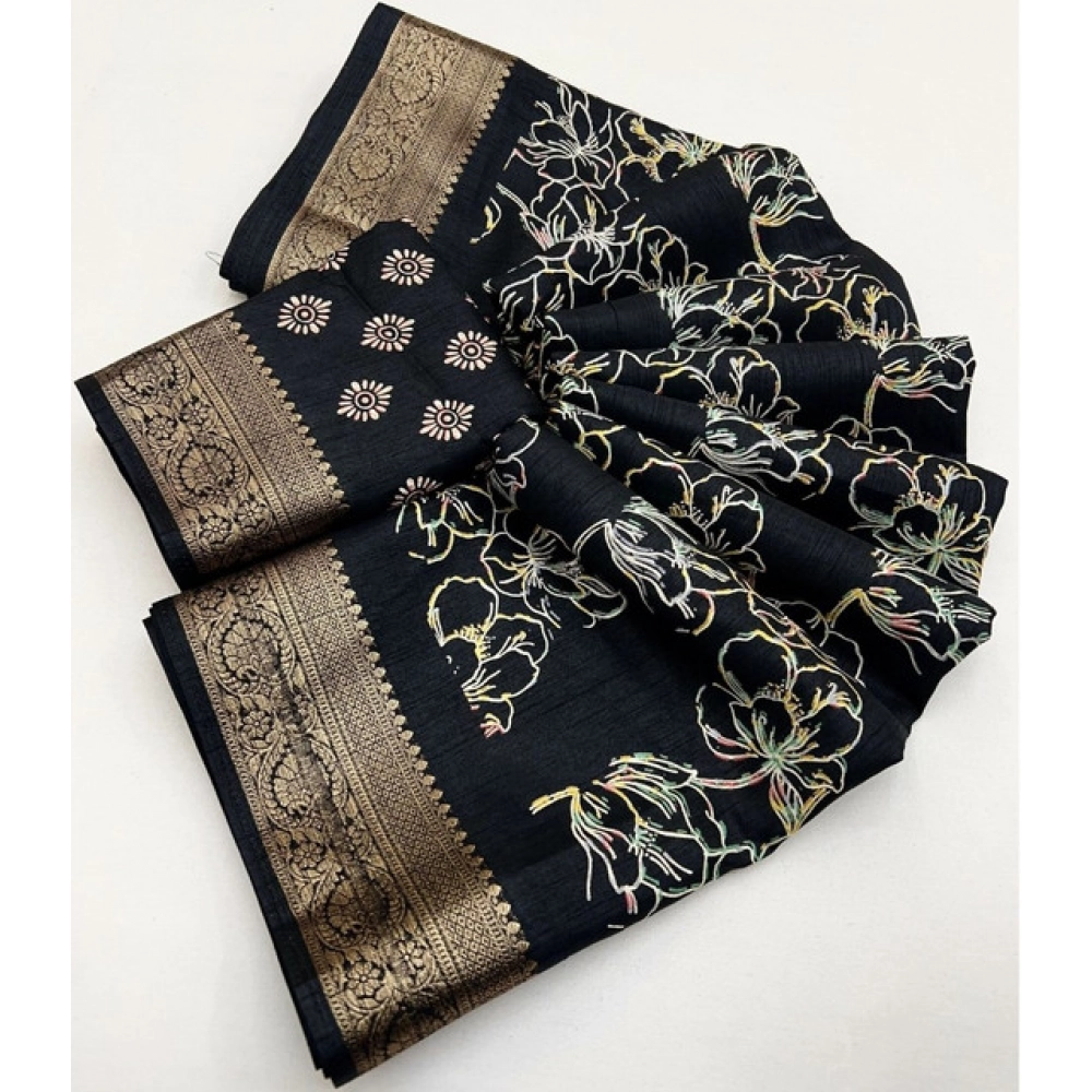 Generic Women's Cotton Silk Floral Printed Saree With Unstitched Blouse 5.5Mtr (Black)