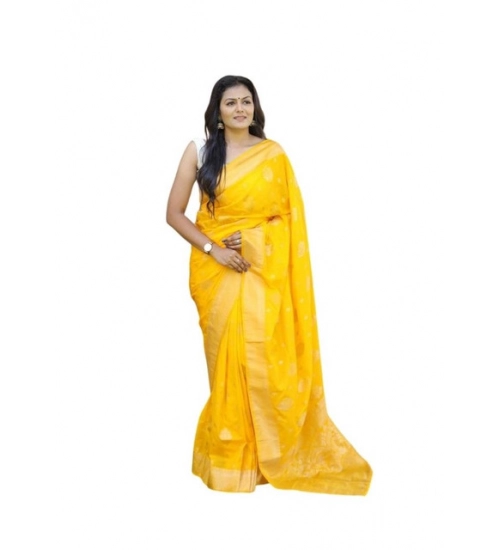 Generic Women's Soft Lichi Silk Printed Saree With Unstitched Blouse 5.5Mtr (Yellow)