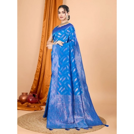 Generic Women's Soft Silk Jacquard Saree With Unstitched Blouse 5.5Mtr (Blue)