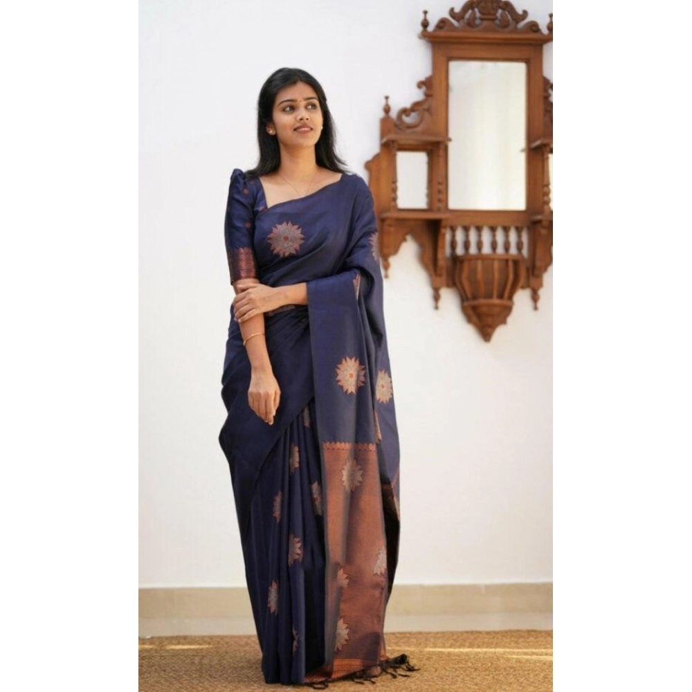 Generic Women's Litchi silk Printed Saree With Unstitched Blouse (Dark Blue)