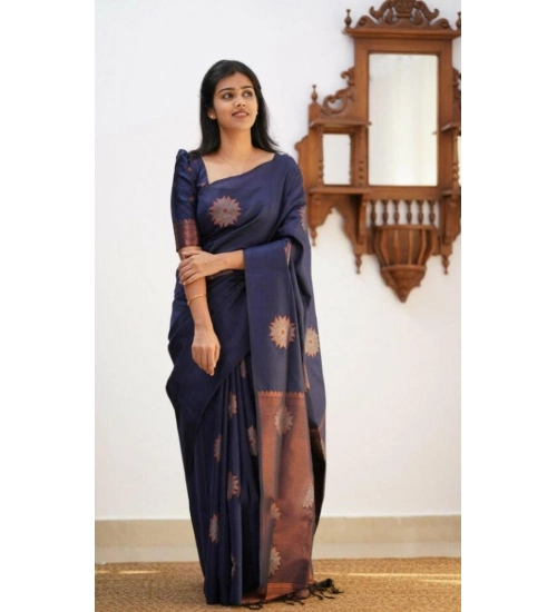 Generic Women's Litchi silk Printed Saree With Unstitched Blouse (Dark Blue)