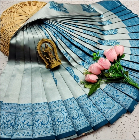 Generic Women's Soft Silk Printed Saree With Unstitched Blouse 5.5Mtr (Silver Blue)