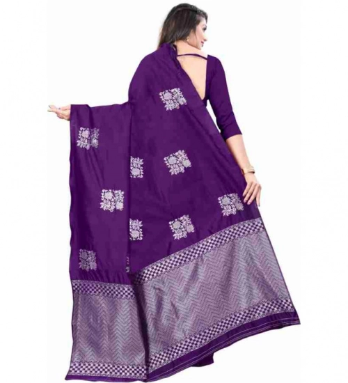 Generic Women's Soft Lichi Silk Printed Saree With Unstitched Blouse 5.5Mtr (Purple)