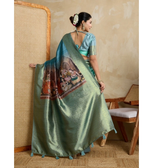 Generic Women's Silk Printed Saree With Unstitched Blouse 5.5Mtr (Blue)