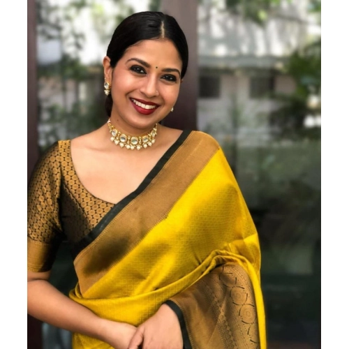 Women's Litchi silk Printed Saree With Unstitched Blouse (Yellow) Women's Litchi silk Printed Saree With Unstitched Blouse (Yellow)