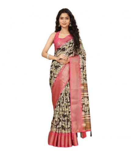 Generic Women's Cotton Silk Floral Printed Saree With Unstitched Blouse 5.5Mtr (Black)