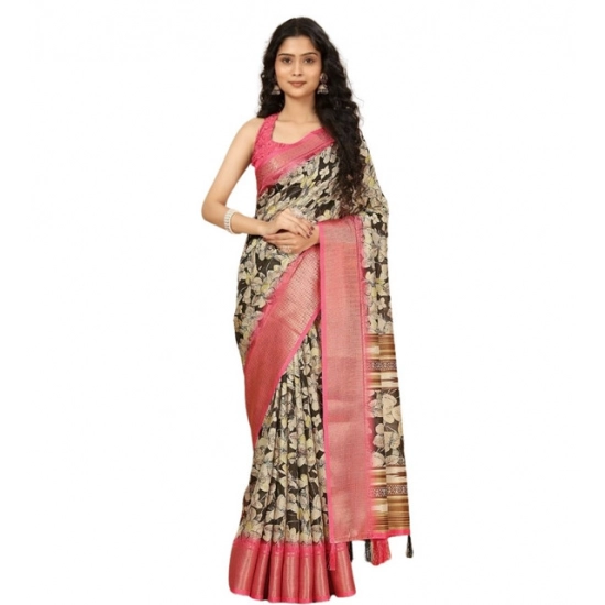 Generic Women's Cotton Silk Floral Printed Saree With Unstitched Blouse 5.5Mtr (Black)