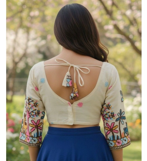 Generic Women's Cambric Cotton Round Neck Padded Blouse (White, 38 Ready Size (Self-Alterable 36–40)