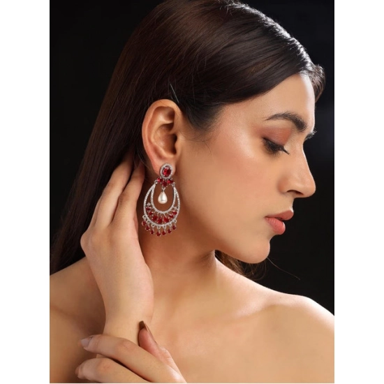 Generic Women's Brass Silver Plated Chandbali Earrings (Red) Generic Women's Brass Silver Plated Chandbali Earrings (Red)