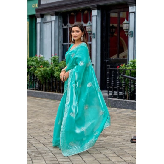 Generic Women's Faux Shimmer Floral Embroidery Ready to wear Saree With Unstitched Blouse 5.5Mtr (Turquoise) Generic Women's Faux Shimmer Floral Embroidery Ready to wear Saree With Unstitched Blouse 5.5Mtr (Turquoise)