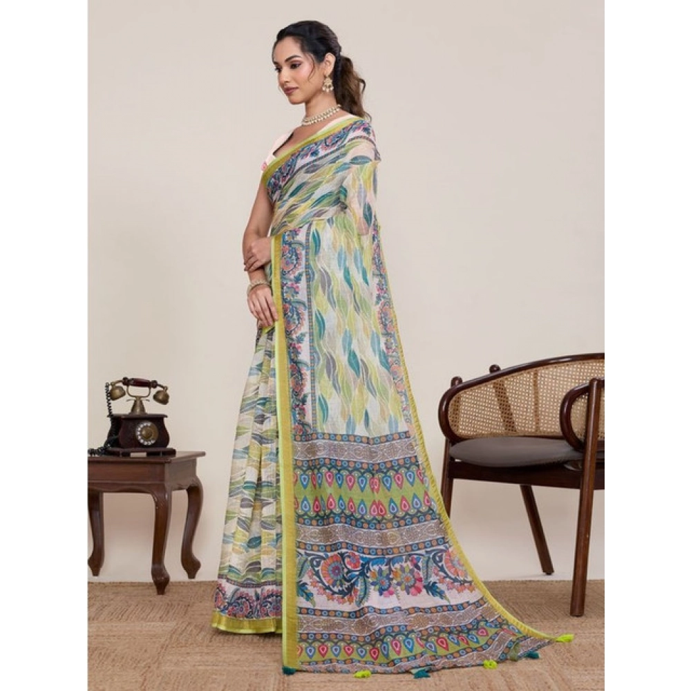 Women's Linen Floral Printed Saree With Unstitched Blouse 5.5Mtr (Pista Green)