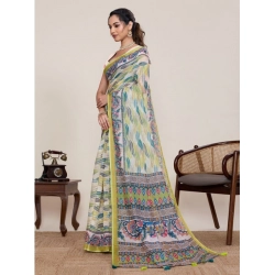 Generic Women's Linen Floral Printed Saree With Unstitched Blouse 5.5Mtr (Pista Green)