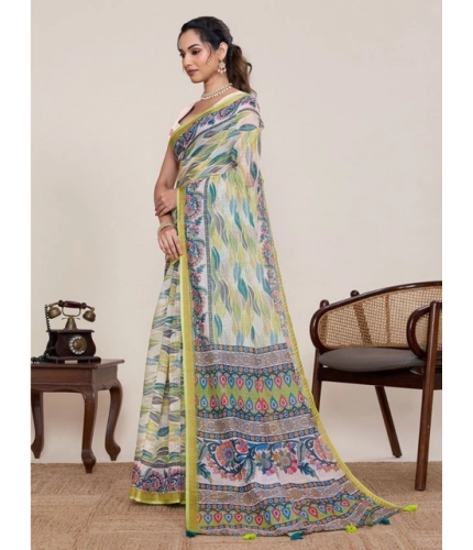 Generic Women's Linen Floral Printed Saree With Unstitched Blouse 5.5Mtr (Pista Green)