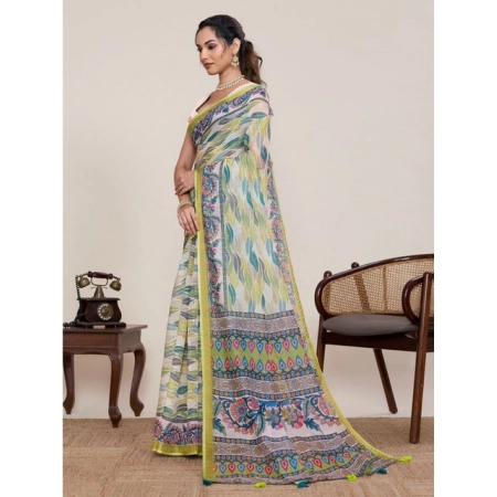 Generic Women's Linen Floral Printed Saree With Unstitched Blouse 5.5Mtr (Pista Green)