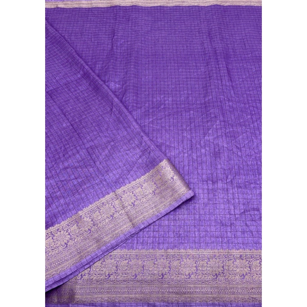 Generic Women's Cotton Blend Checkered Saree With Unstitched Blouse 5.5Mtr (Purple)