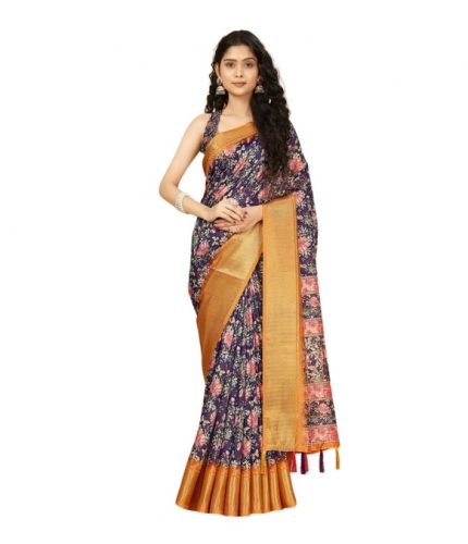 Generic Women's Cotton Silk Floral Printed Saree With Unstitched Blouse 5.5Mtr (Purple)