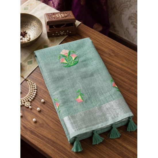 Generic Women's Linen Embroidered Saree With Unstitched Blouse 5.5Mtr (Sea Green) Generic Women's Linen Embroidered Saree With Unstitched Blouse 5.5Mtr (Sea Green)