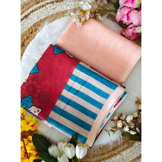 Generic Women's Linen Printed Saree With Unstitched Blouse 5.5Mtr (Red)