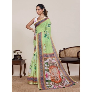 Generic Women's Linen Floral Printed Saree With Unstitched Blouse 5.5Mtr (Light Green)
