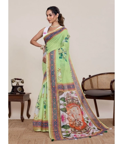 Generic Women's Linen Floral Printed Saree With Unstitched Blouse 5.5Mtr (Light Green)