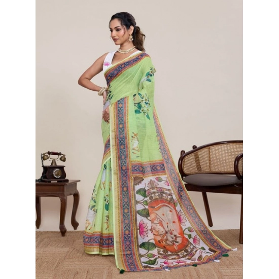 Generic Women's Linen Floral Printed Saree With Unstitched Blouse 5.5Mtr (Light Green) Generic Women's Linen Floral Printed Saree With Unstitched Blouse 5.5Mtr (Light Green)