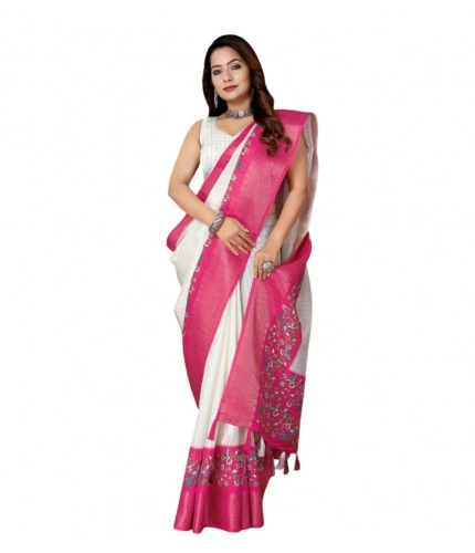 Generic Women's Cotton Silk Printed Saree With Unstitched Blouse 5.5Mtr (White-Pink)