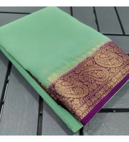 Generic Women's Crepe Chit Pallu Solid Saree With Unstitched Blouse 5.5Mtr (Light Green)