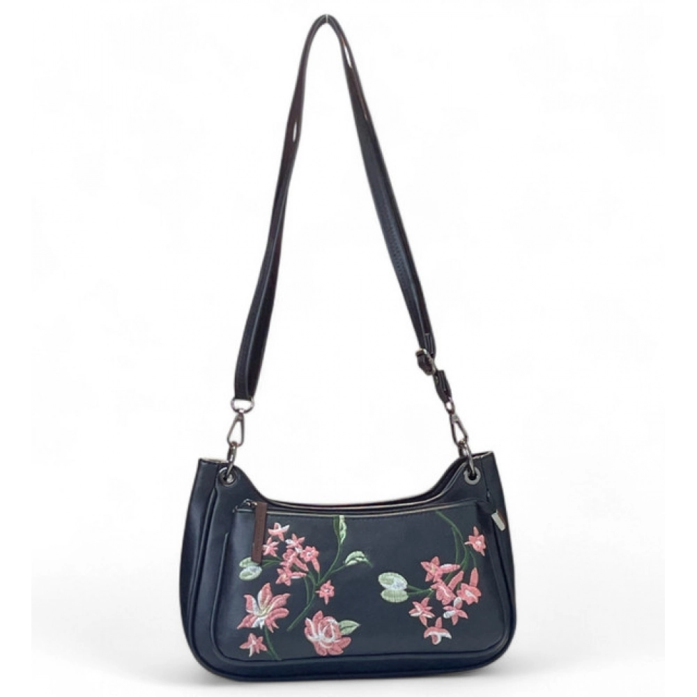 Generic Women's Polyurethane Floral Embroidered Crossbody Sling Bag with Adjustable & Removable Strap (Black)