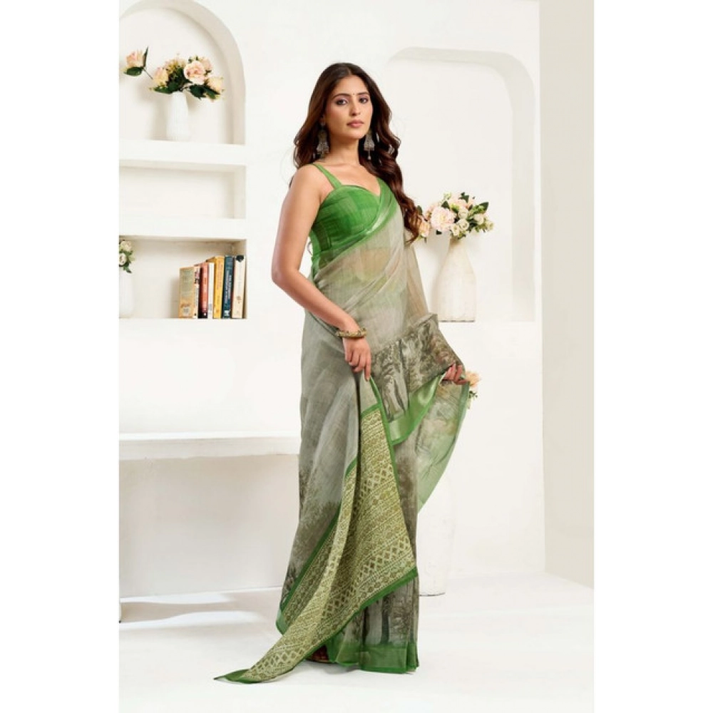 Generic Women's Linen Cotton Printed Ready To Wear Saree With Unstitched Blouse 5.5 Mtr (Light_Green)