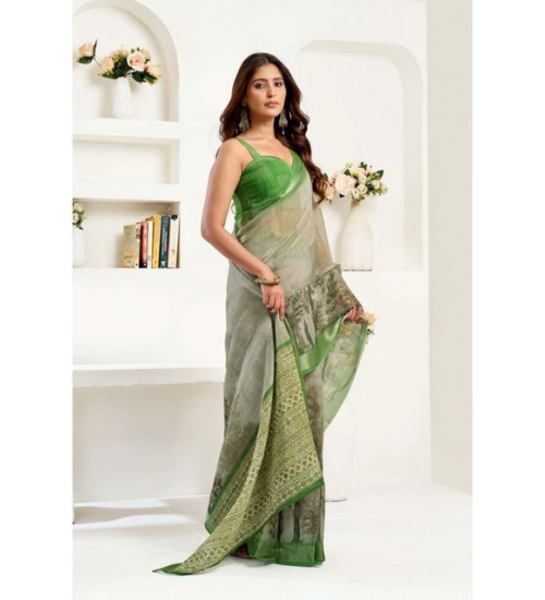Generic Women's Linen Cotton Printed Ready To Wear Saree With Unstitched Blouse 5.5 Mtr (Light_Green)