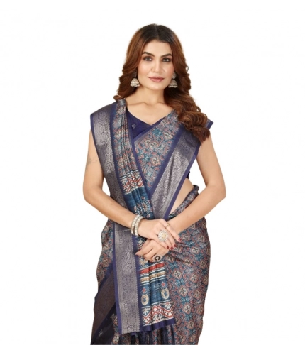 Generic Women's Cotton Blend Printed Saree With Unstitched Blouse 5.5Mtr (Blue)